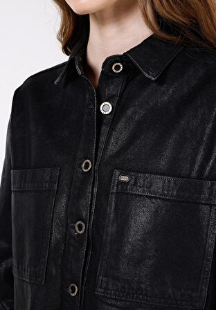 Oversize Fit Klasik Yaka  Kadın Siyah Uzun Kol Gömlek