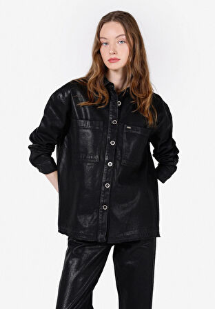 Oversize Fit Klasik Yaka  Kadın Siyah Uzun Kol Gömlek