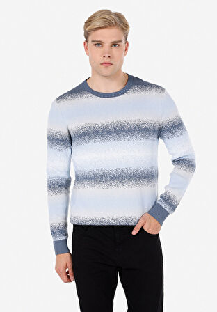 Regular Fit Yuvarlak Yaka Jakarlı Erkek Mavi Kazak Cl1072416