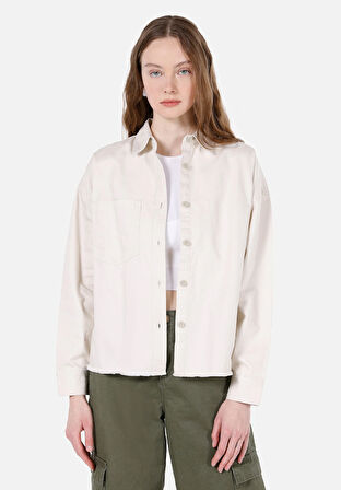Regular Fit Shirt Neck Düz Kadın Ekru Uzun Kol Gömlek
