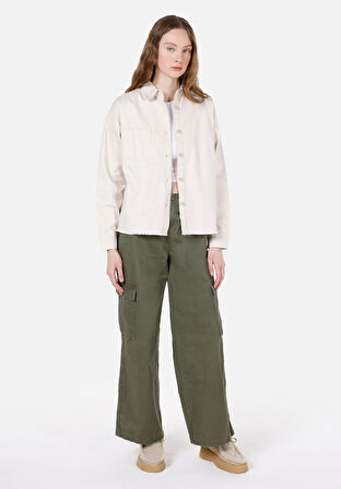 Regular Fit Shirt Neck Düz Kadın Ekru Uzun Kol Gömlek