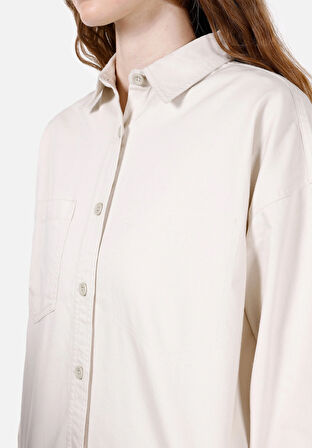 Regular Fit Shirt Neck Düz Kadın Ekru Uzun Kol Gömlek