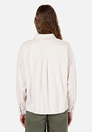 Regular Fit Shirt Neck Düz Kadın Ekru Uzun Kol Gömlek