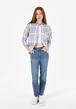 Regular Fit Shirt Neck Ekoseli Kadın Mavi Uzun Kol Gömlek Cl1072494