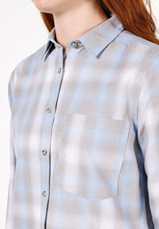 Regular Fit Shirt Neck Ekoseli Kadın Mavi Uzun Kol Gömlek Cl1072494