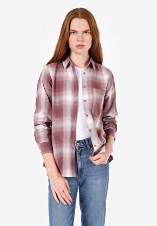 Regular Fit Shirt Neck Ekoseli Kadın Pembe Uzun Kol Gömlek Cl1072494
