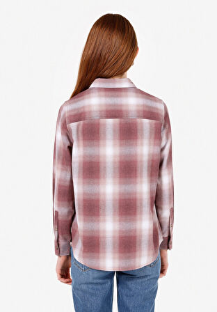 Regular Fit Shirt Neck Ekoseli Kadın Pembe Uzun Kol Gömlek Cl1072494