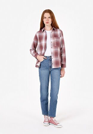 Regular Fit Shirt Neck Ekoseli Kadın Pembe Uzun Kol Gömlek Cl1072494