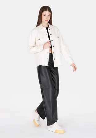 Regular Fit Shirt Neck Düz Kadın Ekru Uzun Kol Gömlek