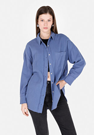 Relax Fit Shirt Neck Düz Kadın Mavi Uzun Kol Gömlek