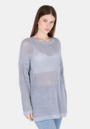 Regular Fit Yuvarlak Yaka Düz Kadın Mavi Kazak