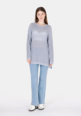 Regular Fit Yuvarlak Yaka Düz Kadın Mavi Kazak