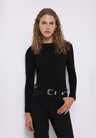 Slim Fit Yuvarlak Yaka Düz Kadın Siyah Uzun Kol Tişört