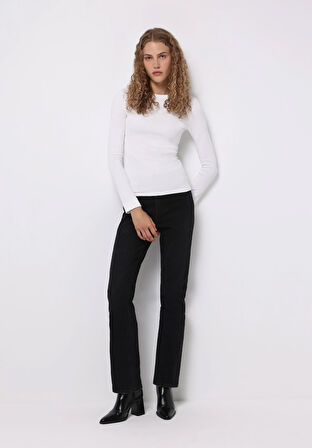 Slim Fit Yuvarlak Yaka Düz Kadın Beyaz Uzun Kol Tişört