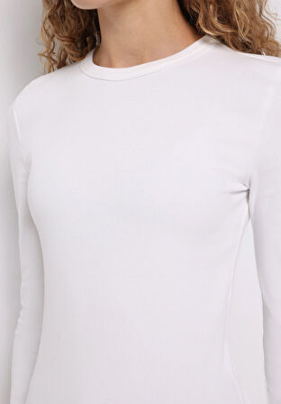 Slim Fit Yuvarlak Yaka Düz Kadın Beyaz Uzun Kol Tişört