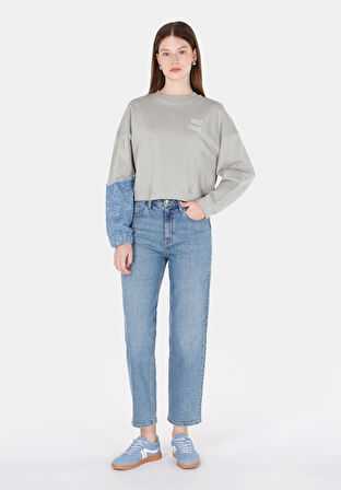 Regular Fit Yuvarlak Yaka Baskılı Kadın Yeşil Sweatshirt