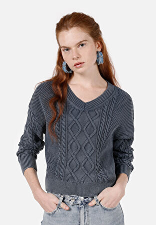 Regular Fit V Yaka Düz Kadın Mavi Kazak Cl1072724