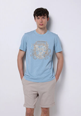 Regular Fit Yuvarlak Yaka Düz Erkek Mavi Kısa Kol Tişört