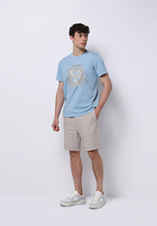 Regular Fit Yuvarlak Yaka Düz Erkek Mavi Kısa Kol Tişört