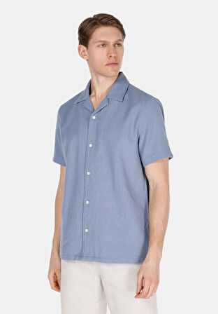 Regular Fit Shirt Neck Düz Erkek Mavi Kısa Kol Gömlek