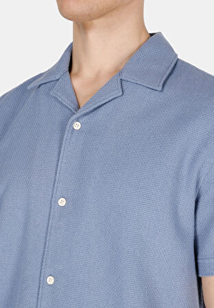 Regular Fit Shirt Neck Düz Erkek Mavi Kısa Kol Gömlek