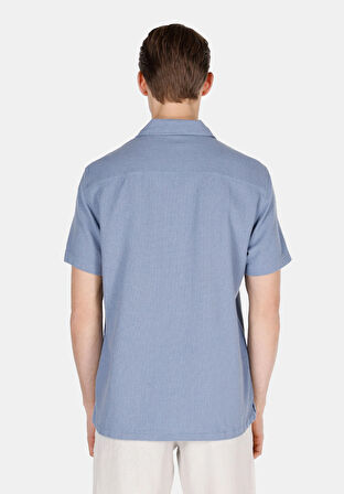 Regular Fit Shirt Neck Düz Erkek Mavi Kısa Kol Gömlek