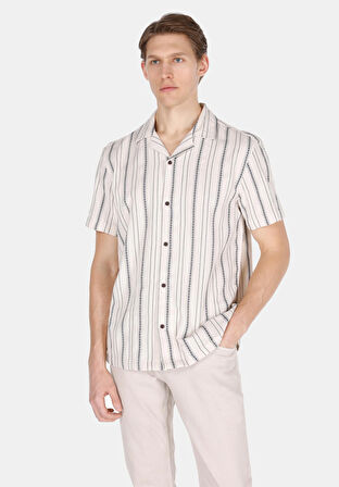 Regular Fit Shirt Neck Çizgili Erkek Ekru Kısa Kol Gömlek