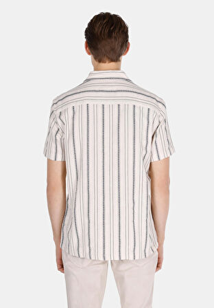 Regular Fit Shirt Neck Çizgili Erkek Ekru Kısa Kol Gömlek