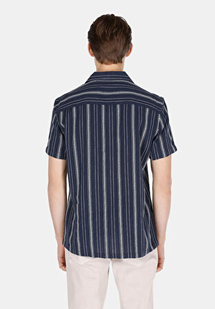 Regular Fit Shirt Neck Çizgili Erkek Lacivert Kısa Kol Gömlek