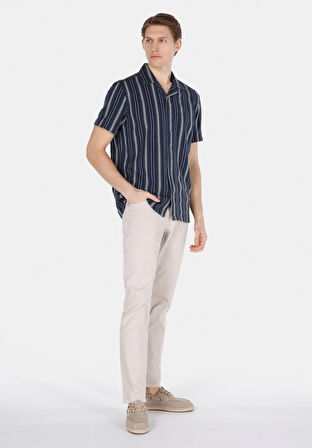 Regular Fit Shirt Neck Çizgili Erkek Lacivert Kısa Kol Gömlek