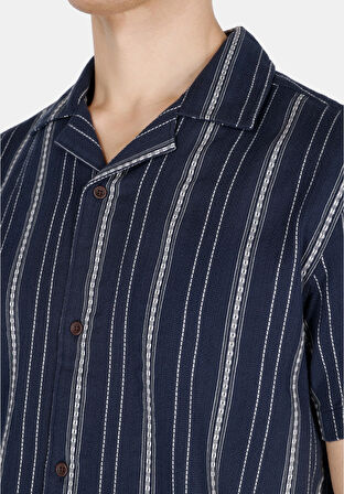 Regular Fit Shirt Neck Çizgili Erkek Lacivert Kısa Kol Gömlek