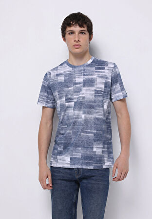 Regular Fit Yuvarlak Yaka Baskılı Erkek Mavi Kısa Kol Tişört