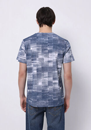 Regular Fit Yuvarlak Yaka Baskılı Erkek Mavi Kısa Kol Tişört
