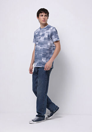 Regular Fit Yuvarlak Yaka Baskılı Erkek Mavi Kısa Kol Tişört