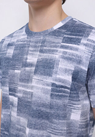 Regular Fit Yuvarlak Yaka Baskılı Erkek Mavi Kısa Kol Tişört