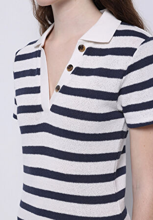 Slim Fit Çizgili Kadın Lacivert Kısa Kol Elbise