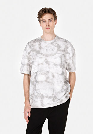 Oversize Fit Yuvarlak Yaka Baskılı Erkek Gri Kısa Kol Tişört