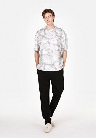 Oversize Fit Yuvarlak Yaka Baskılı Erkek Gri Kısa Kol Tişört