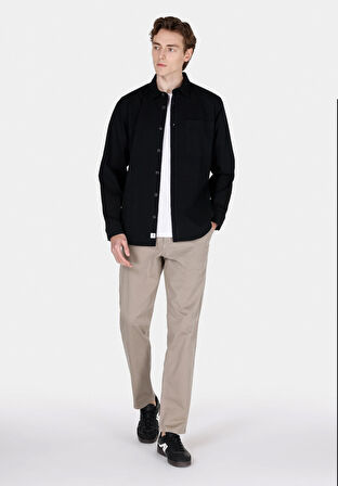 Comfort Fit Shirt Neck Düz Erkek Siyah Uzun Kol Gömlek Cl1073012