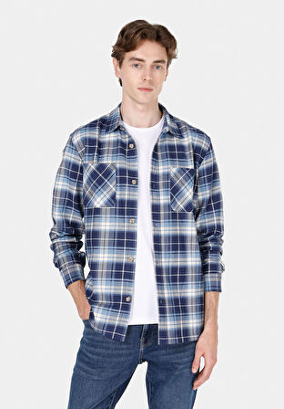 Regular Fit Shirt Neck Ekoseli Erkek Mavi Uzun Kol Gömlek