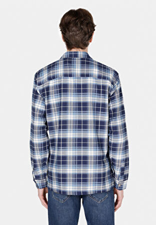 Regular Fit Shirt Neck Ekoseli Erkek Mavi Uzun Kol Gömlek