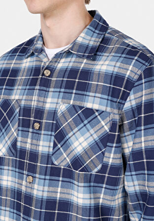 Regular Fit Shirt Neck Ekoseli Erkek Mavi Uzun Kol Gömlek