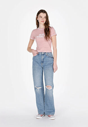 Slim Fit Yuvarlak Yaka Baskılı Kadın Pembe Kısa Kol Tişört