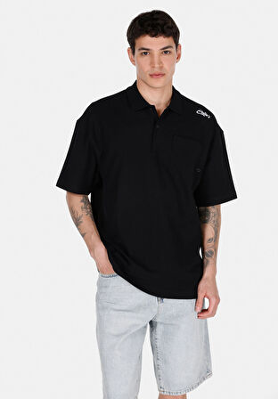 Oversize Fit Polo Yaka Düz Erkek Siyah Kısa Kol Tişört