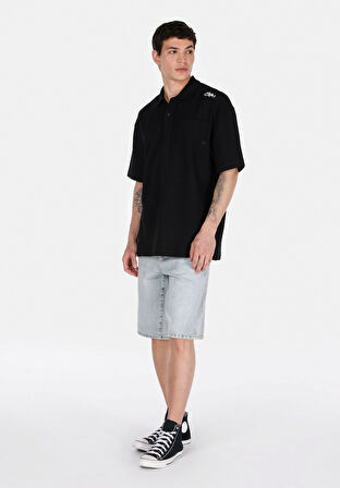 Oversize Fit Polo Yaka Düz Erkek Siyah Kısa Kol Tişört