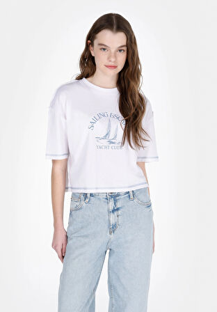 Comfort Fit Yuvarlak Yaka Baskılı Kadın Beyaz Kısa Kol Tişört