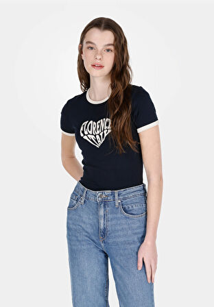 Slim Fit Yuvarlak Yaka Baskılı Kadın Lacivert Kısa Kol Tişört Cl1073171