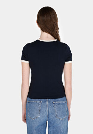 Slim Fit Yuvarlak Yaka Baskılı Kadın Lacivert Kısa Kol Tişört Cl1073171