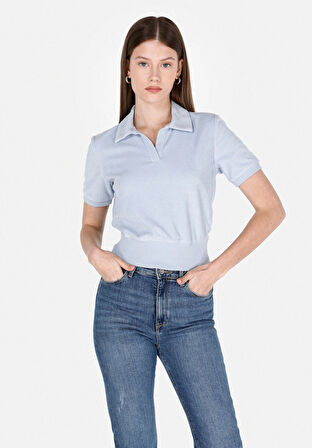 Slim Fit Polo Yaka Düz Kadın Mavi Kısa Kol Tişört Cl1073179