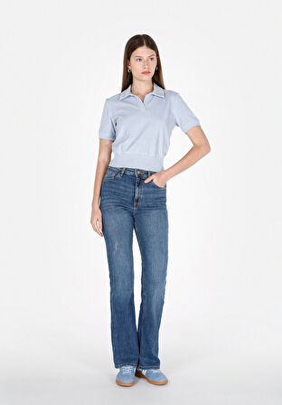 Slim Fit Polo Yaka Düz Kadın Mavi Kısa Kol Tişört Cl1073179
